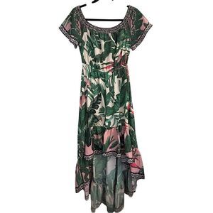 Flying Tomato Tropical Palm and Bird print high-low maxi dress size S Vacation B